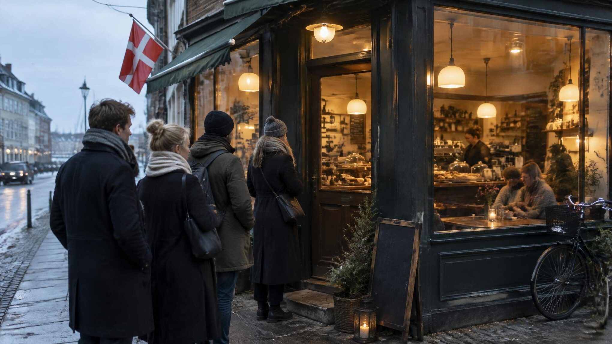 People queueing outside a small Danish cafe in the morning