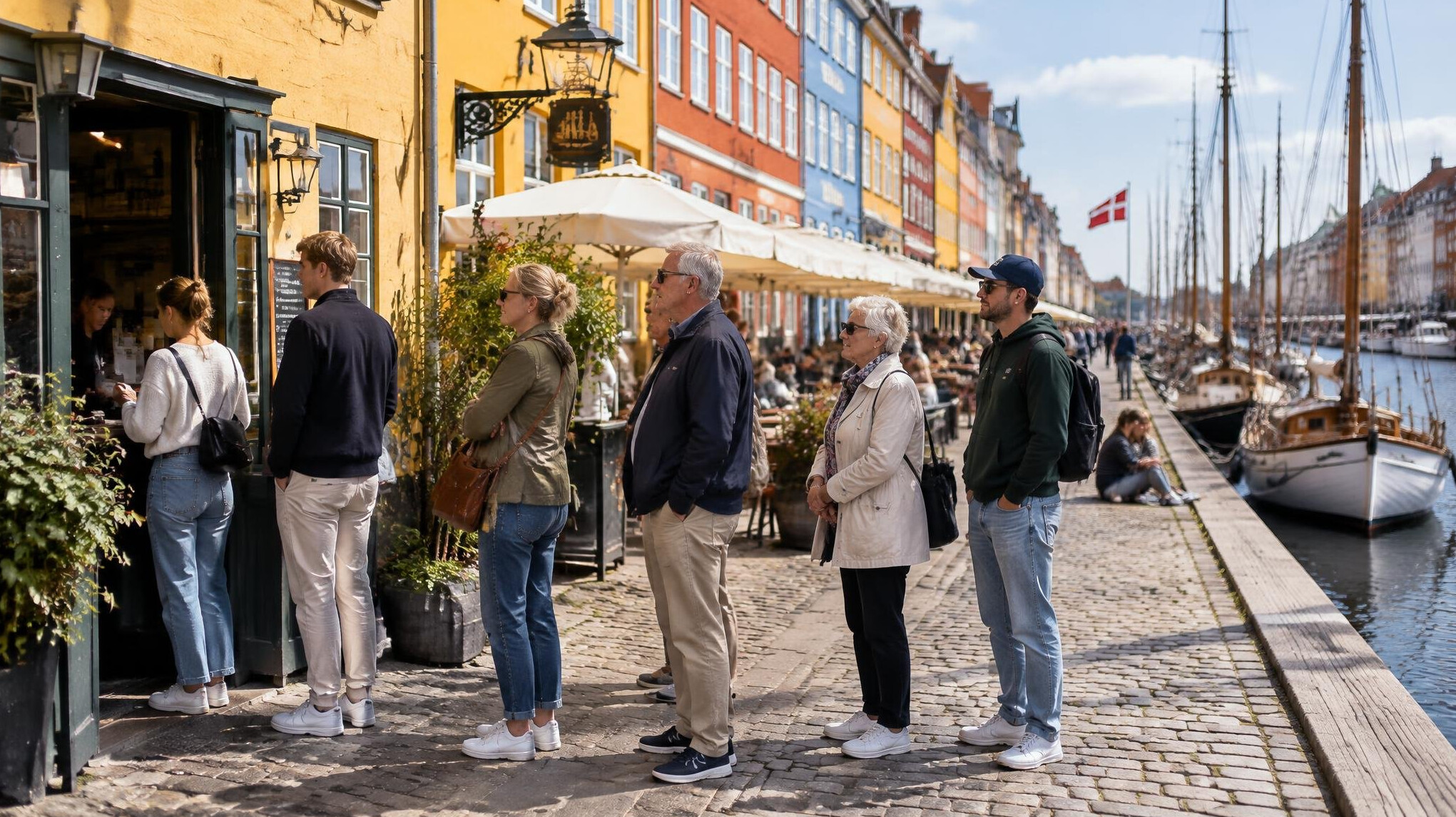 People queueing outside colorful houses in Nyhavn, Copenhagen