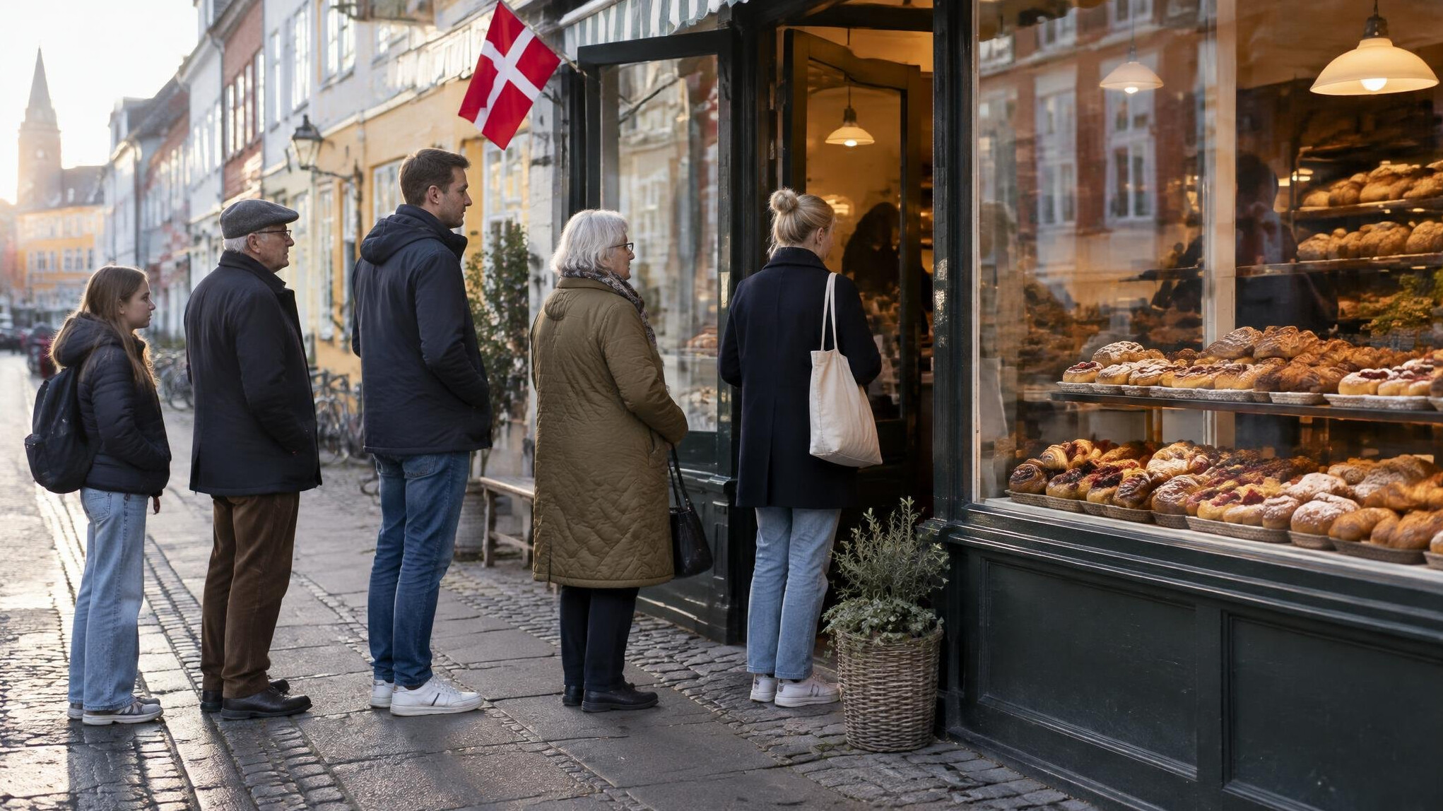 People queueing outside a Danish bakery with pastries in the window